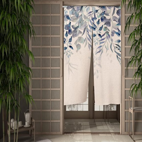 Eucalyptus Blue Leaves Vines Botanical Japanese Noren Curtains Asian Art New - Picture 3 of 11